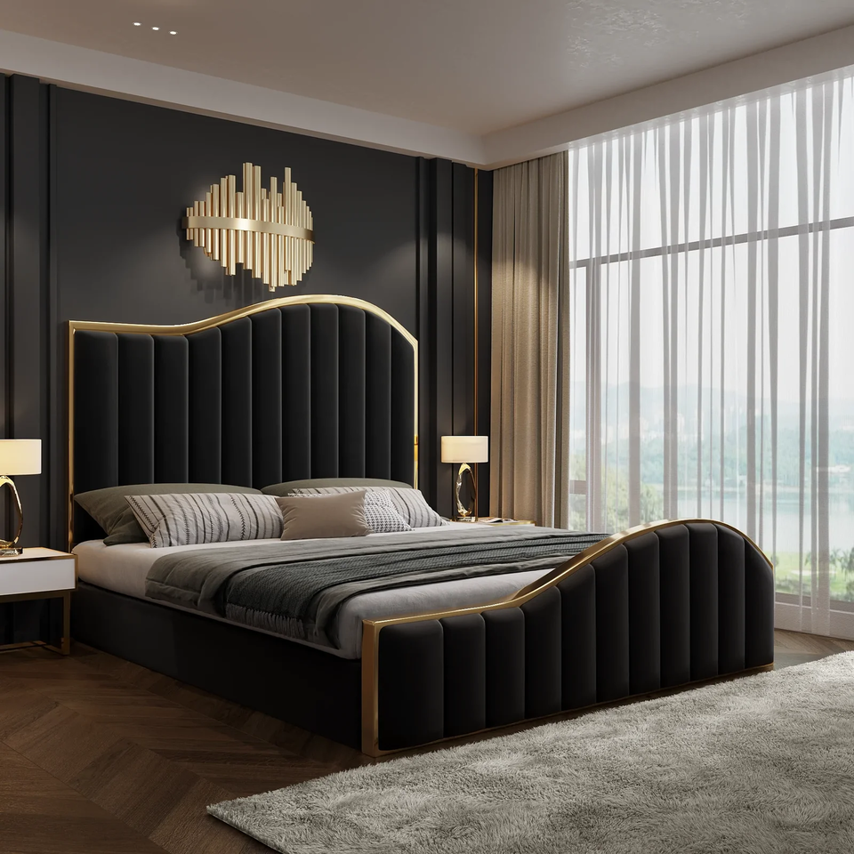 Queen Size Black Velvet Fabric Golden Metal Storage Elegant Luxury Bedframe Price