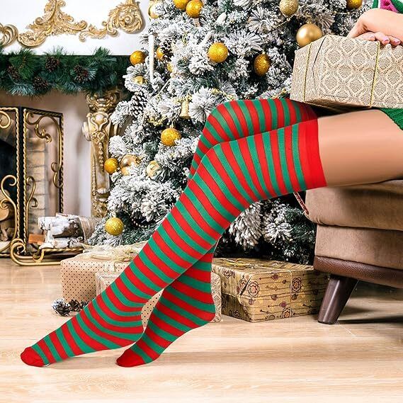 10x Christmas Over The Knee Socks Red Green Xmas Candy Cane Striped Elf Bulk Price