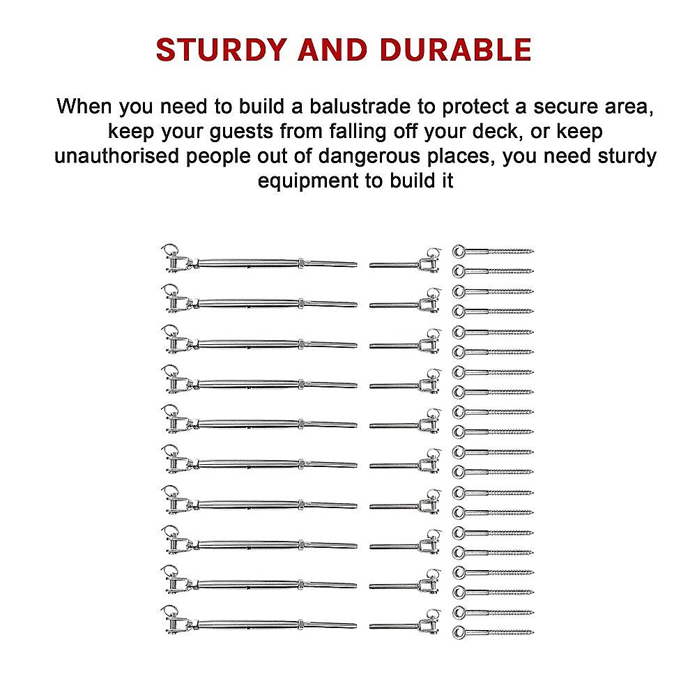 Stainless Steel Wire Rope DIY Balustrade Kit Jaw/Swage Fork Turnbuckle - 10 pack Price
