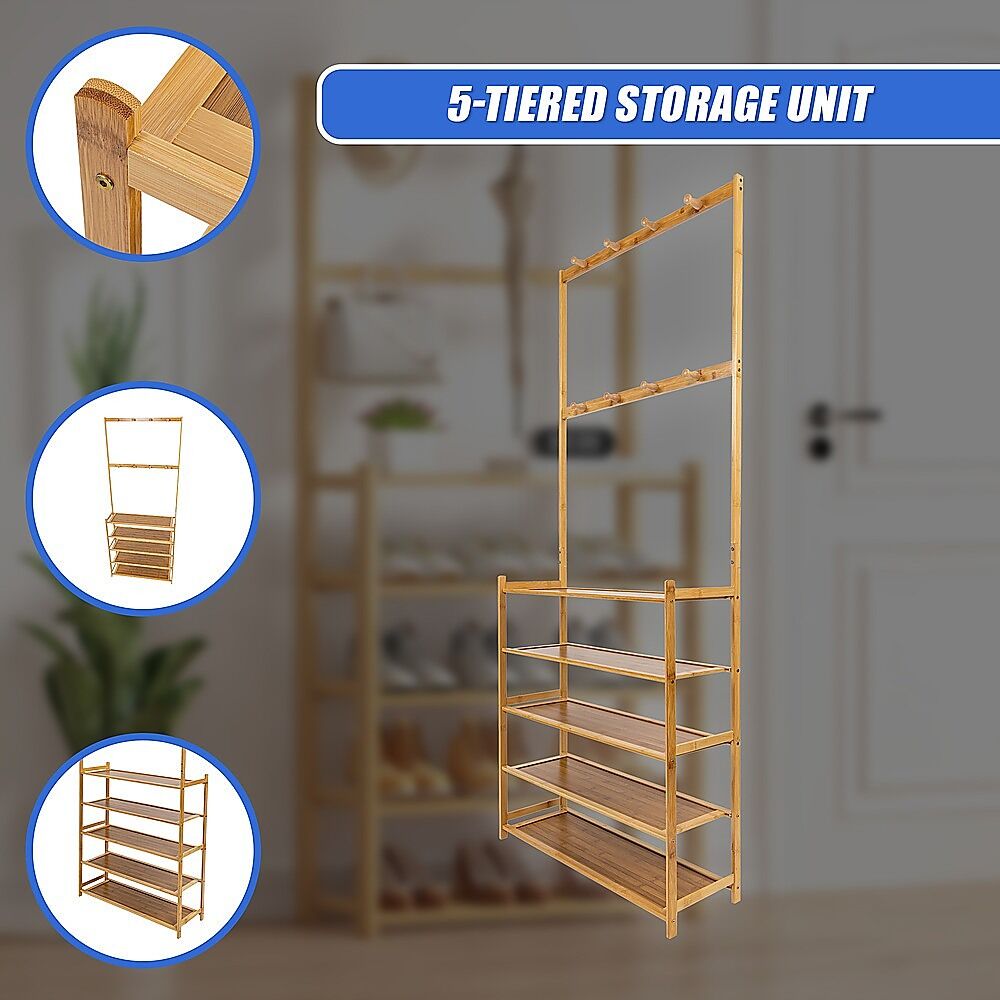 Large Wooden 5 Tiers Hat Coat Stand Clothes Shoe Rack Hanger Hooks Shelf Storage Price