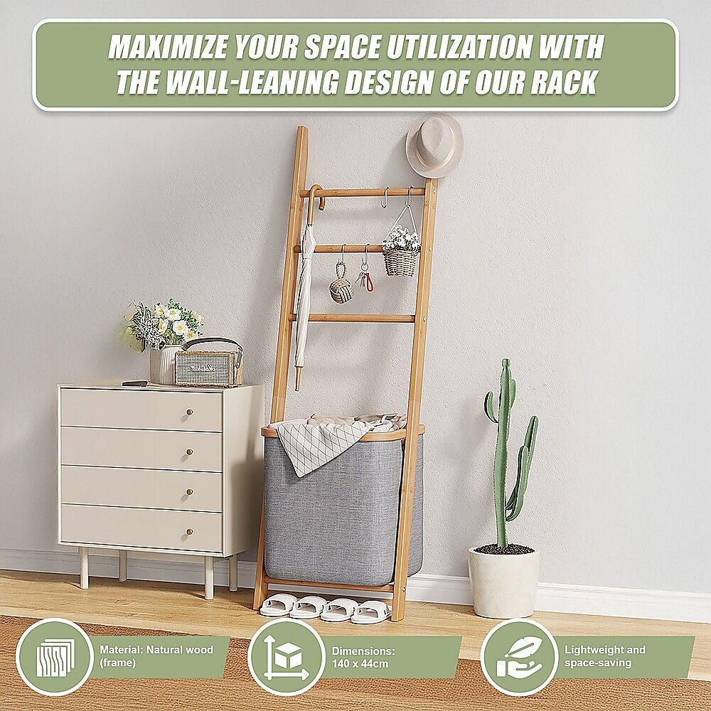 Wall Leaning Ladder Shelf with Laundry Basket Clothes Hamper Bath Towel Rack in Grey Price