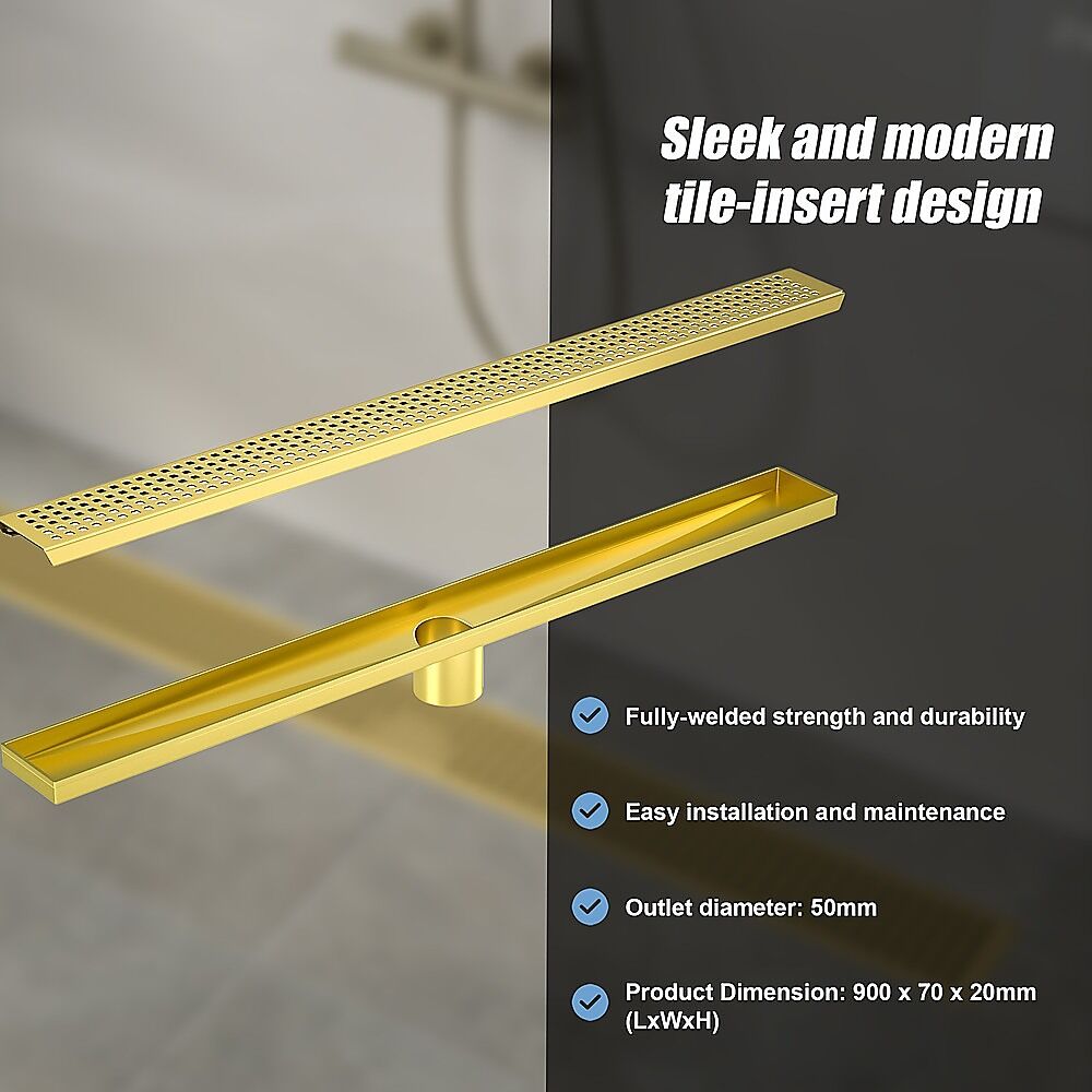 900mm Bathroom Shower Brushed Brass Grate Drain w/ Centre outlet Floor Waste Square Pattern Price