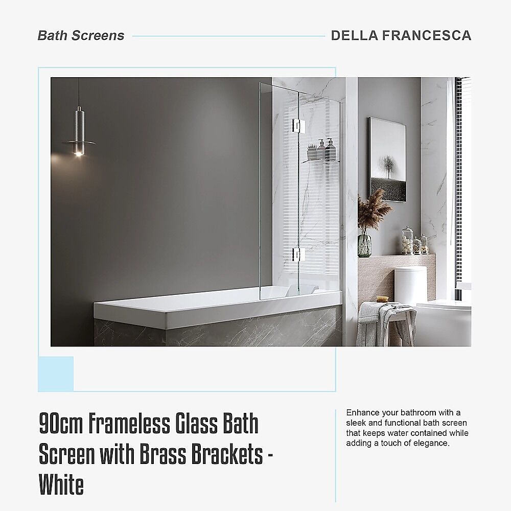 100cm Frameless Glass Bath Screen with Brass Brackets - White Price