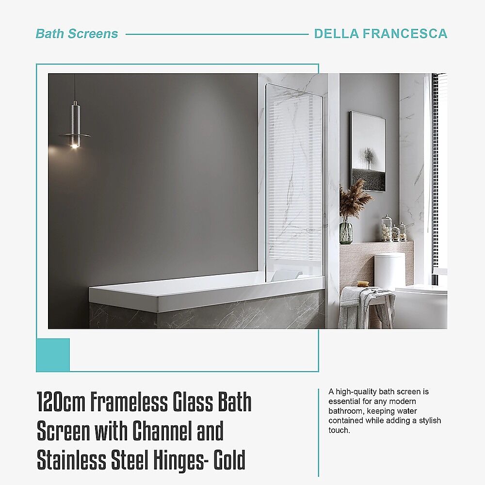 120cm Frameless Glass Bath Screen with Channel and Stainless Steel Hinges- Gold Price