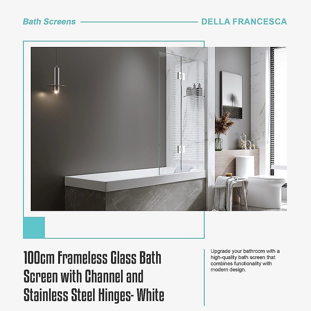 100cm Frameless Glass Bath Screen with Channel and Stainless Steel Hinges- White Price