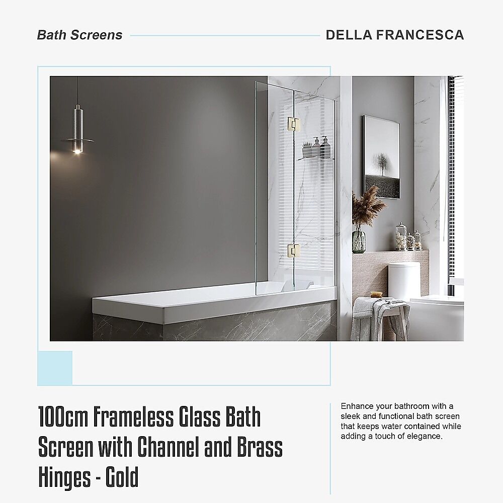 100cm Frameless Glass Bath Screen with Channel and Brass Hinges - Gold Price