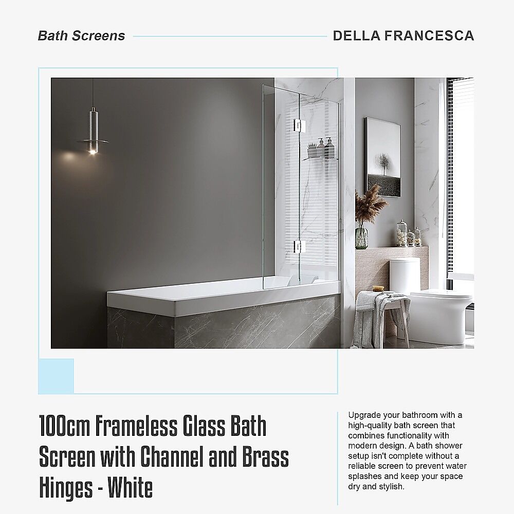100cm Frameless Glass Bath Screen with Channel and Brass Hinges - White Price