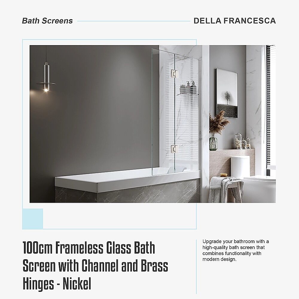 100cm Frameless Glass Bath Screen with Channel and Brass Hinges - Nickel Price