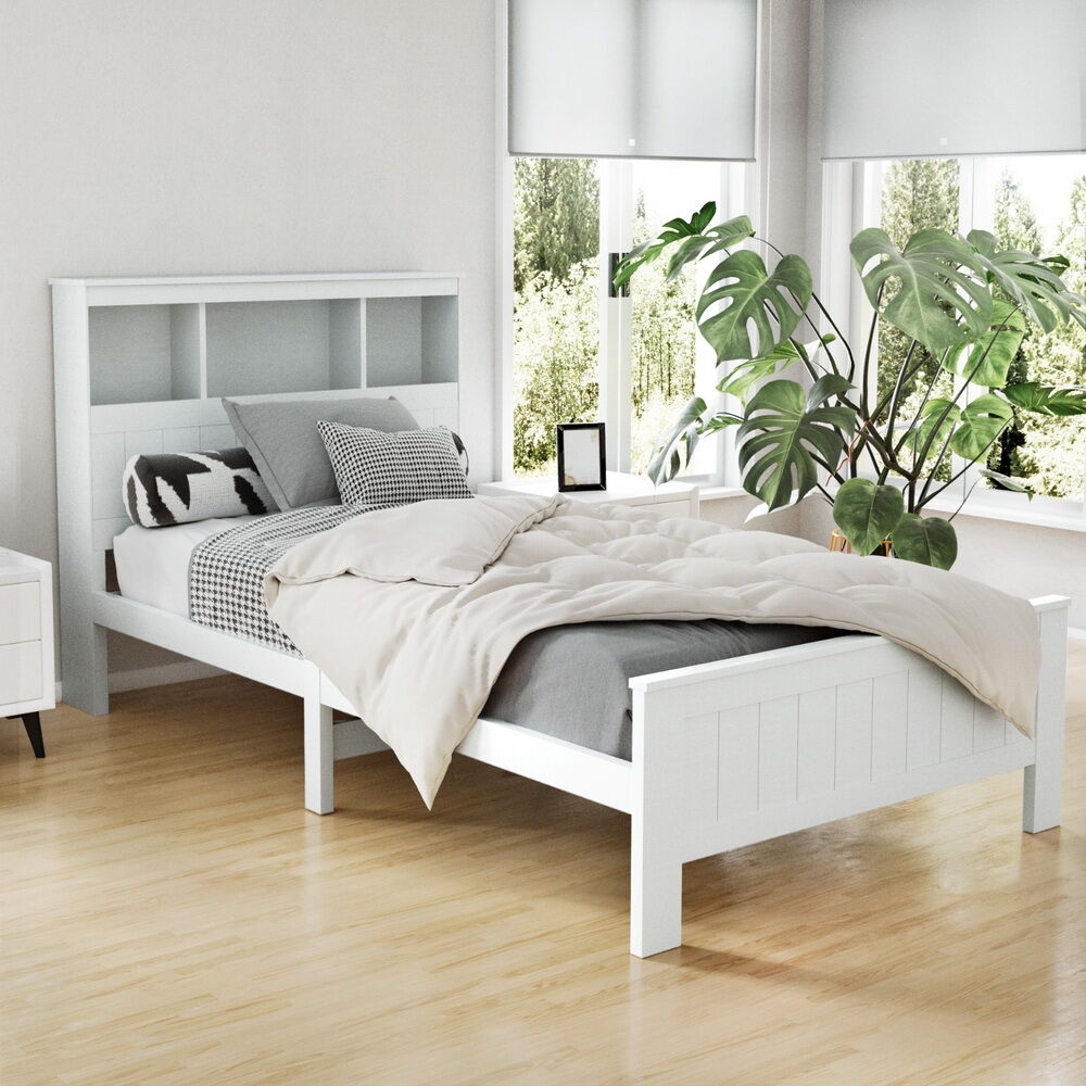 Artiss Bed Frame King Single Size Wooden with 3 Shelves Bed Head White Price