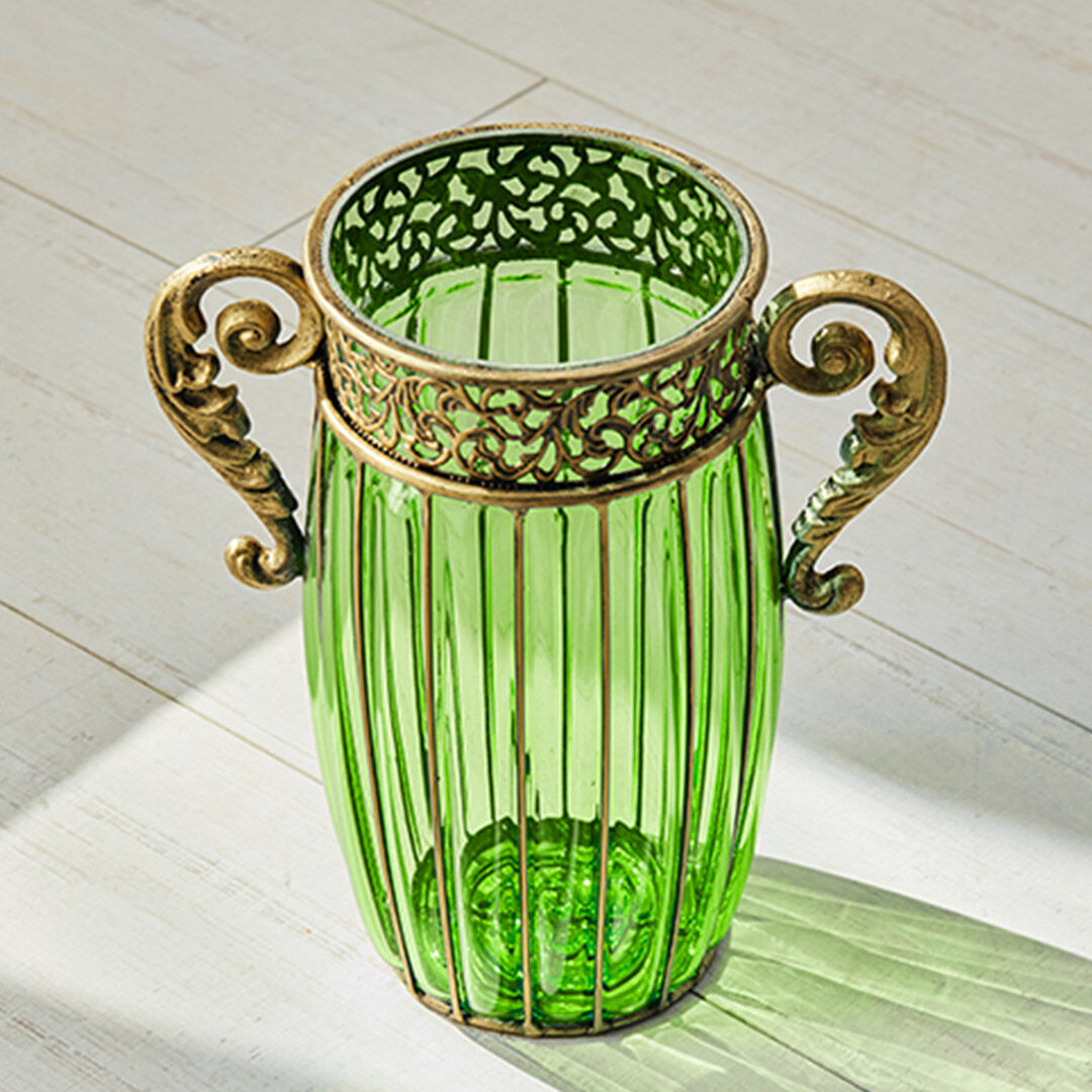 Green Glass Flower Vase with 8 Bunch 5 Heads Artificial Fake Silk Rose Home Decor Set Price