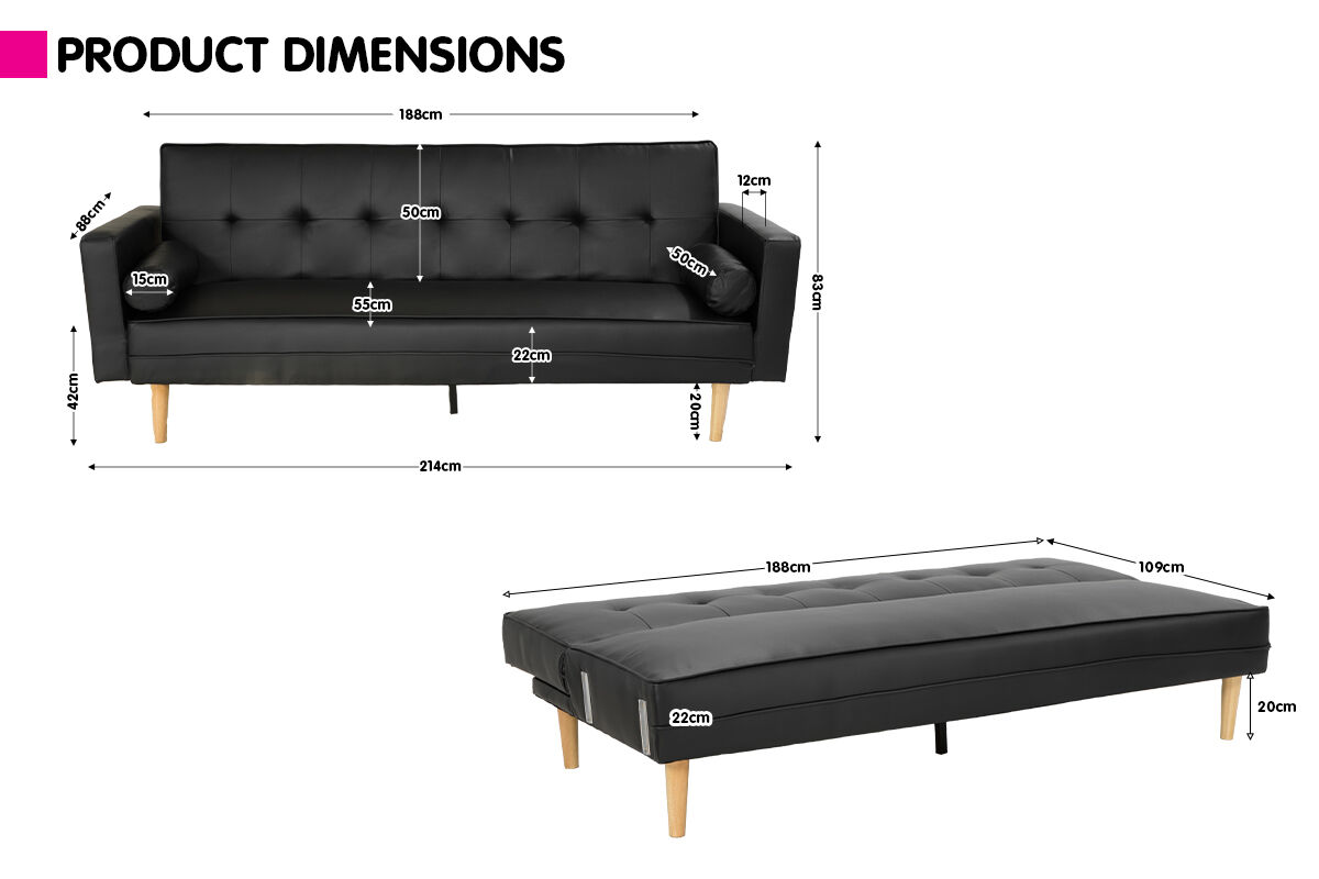 Sarantino 3 Seater Faux Leather Sofa Bed Couch with Pillows - Black Price