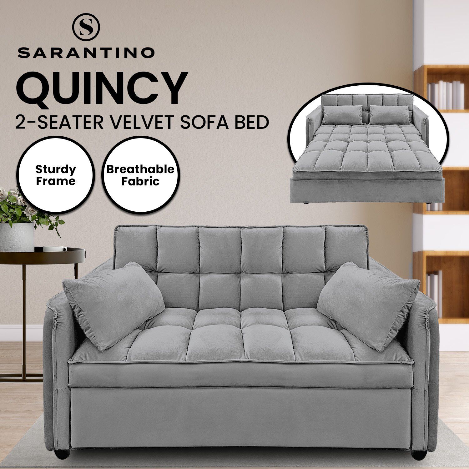 Sarantino Quincy 2-Seater Velvet Sofa Bed in Dark Grey with Wooden Frame & Tufted Design Price