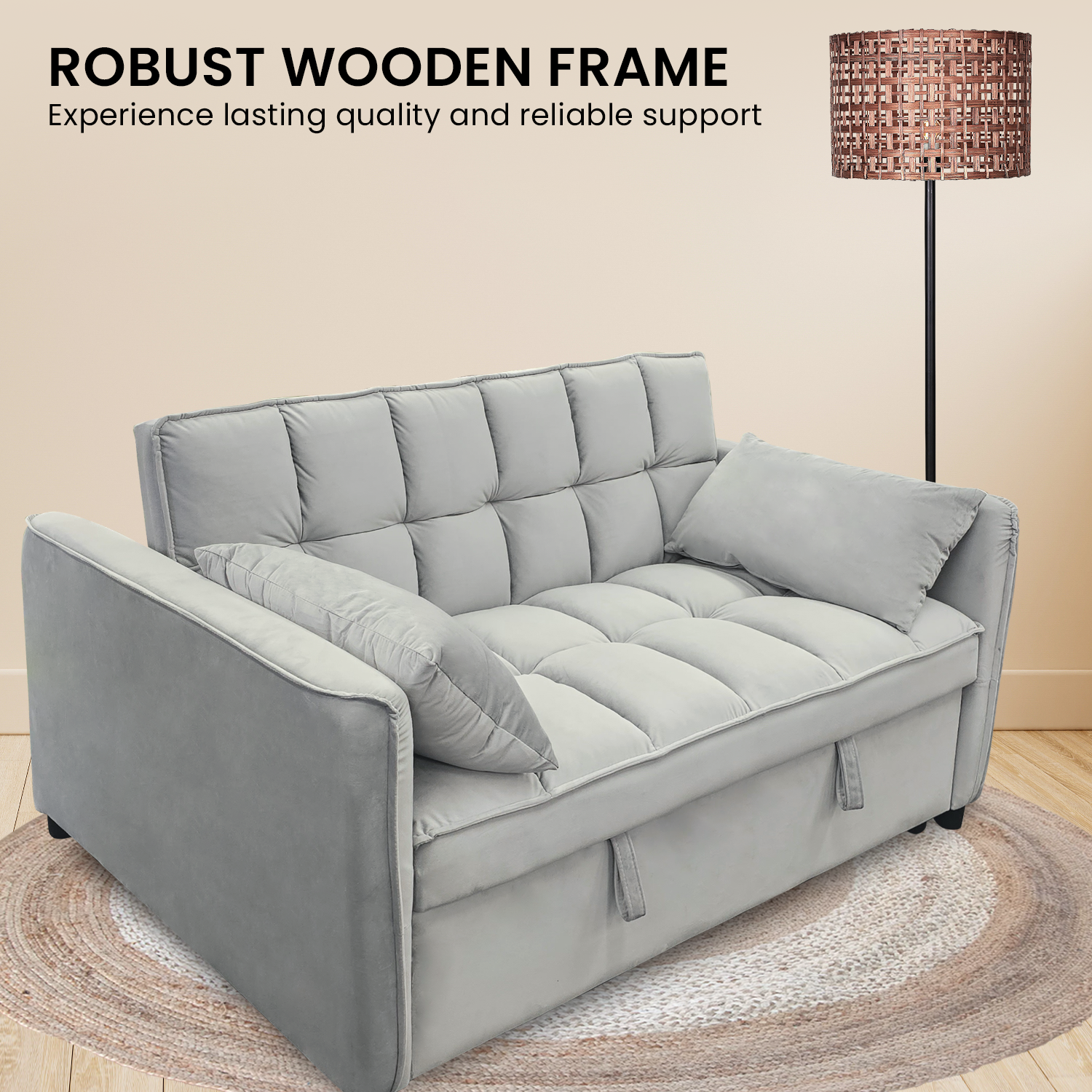 Sarantino Quincy 2-Seater Velvet Sofa Bed in Light Grey with Wooden Frame & Tufted Design Price