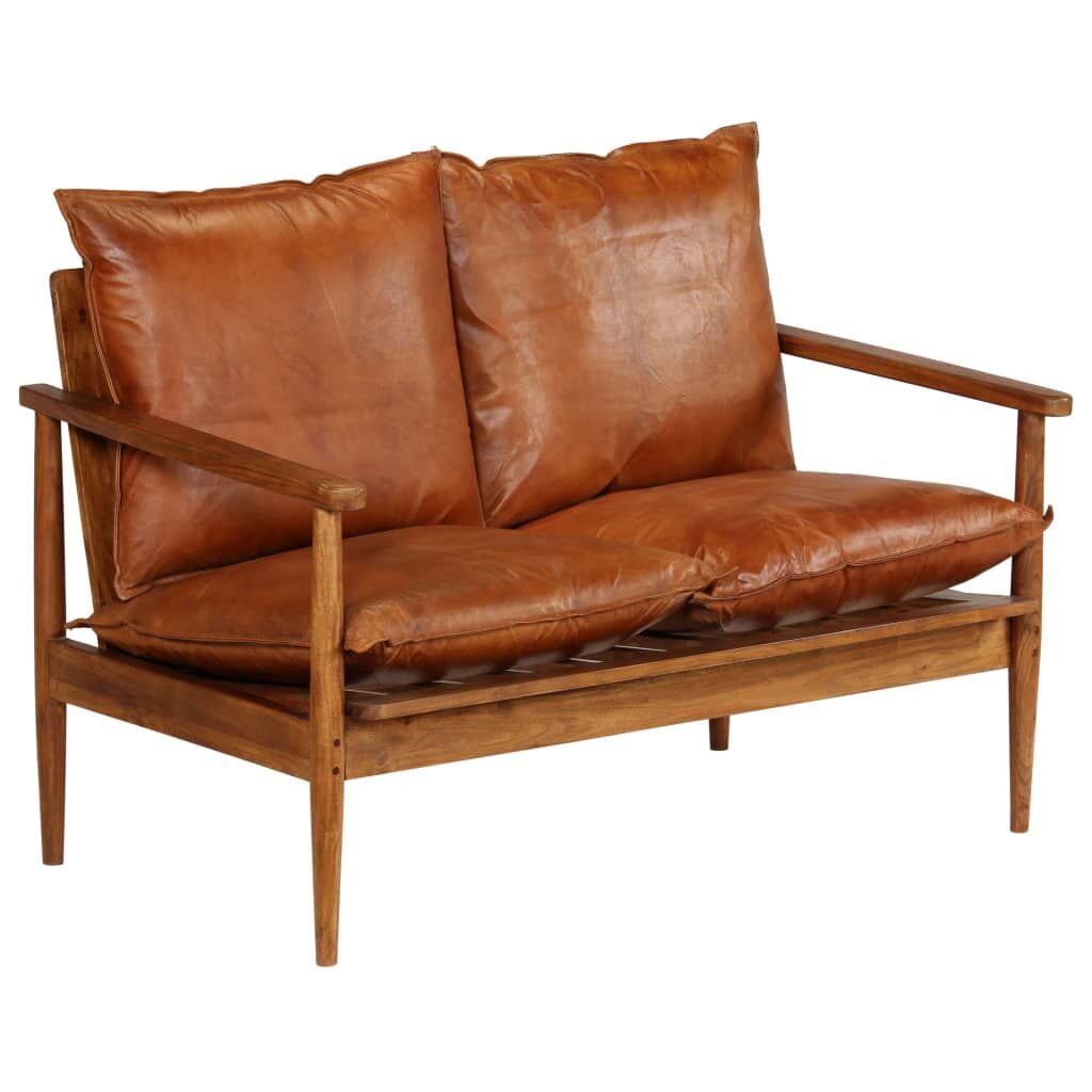 2-Seater Sofa Real Leather with Acacia Wood Brown Price
