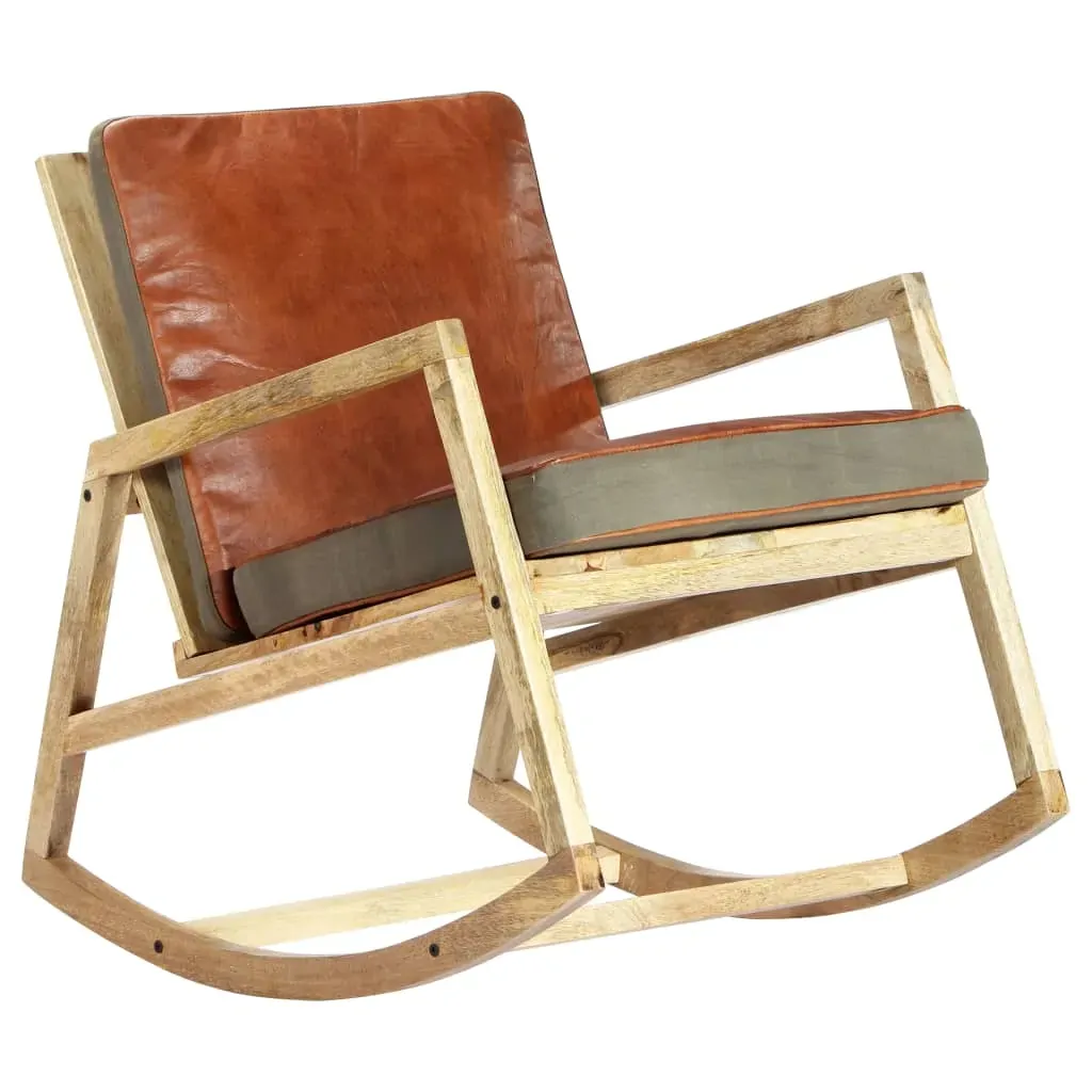 Rocking Chair Brown Real Leather and Solid Mango Wood Price