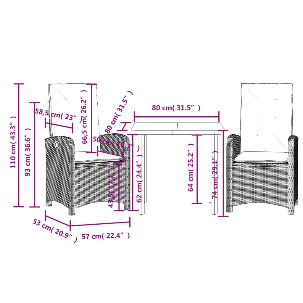 3 Piece Garden Dining Set with Cushions Black Poly Rattan Price