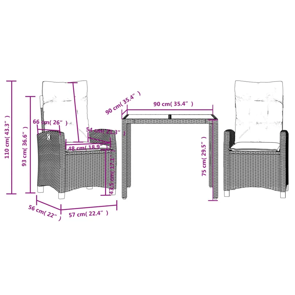 3 Piece Garden Dining Set with Cushions Black Poly Rattan Price