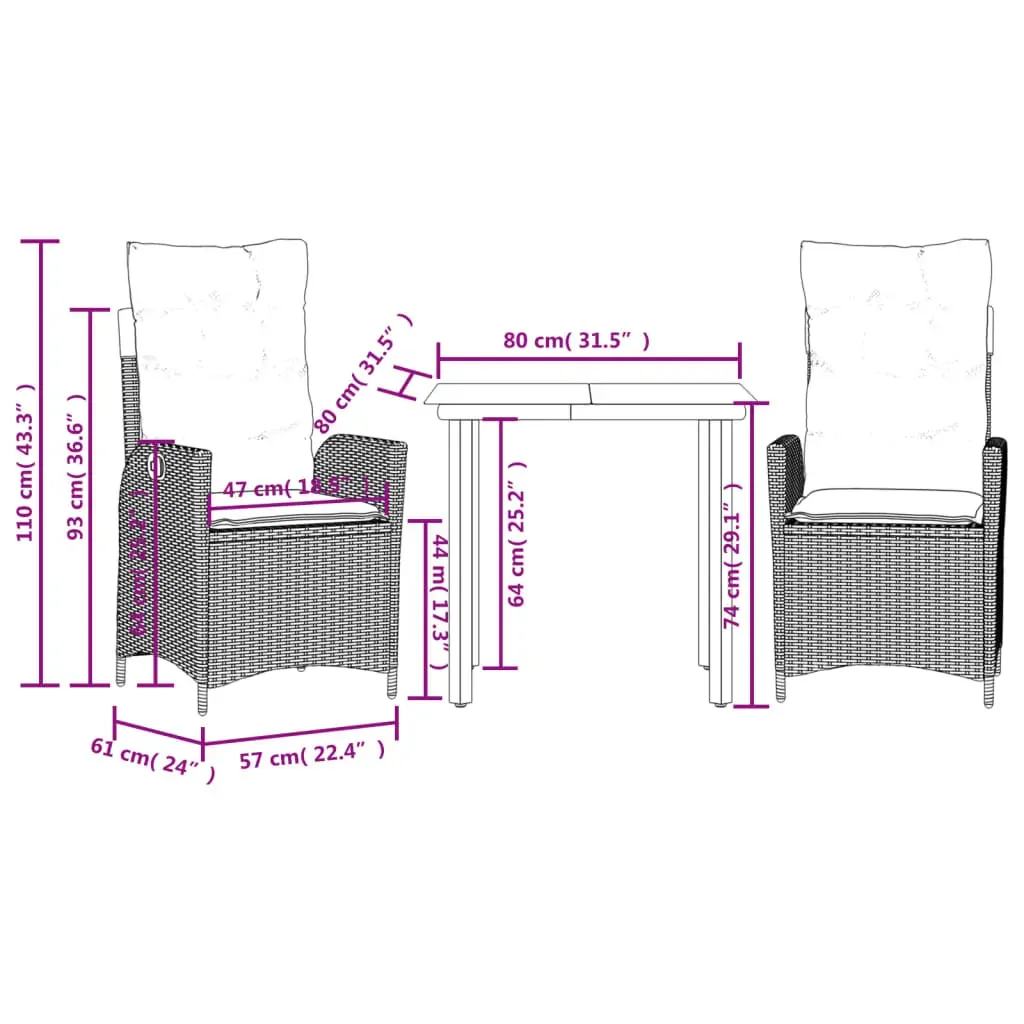 3 Piece Garden Dining Set with Cushions Grey Poly Rattan Price