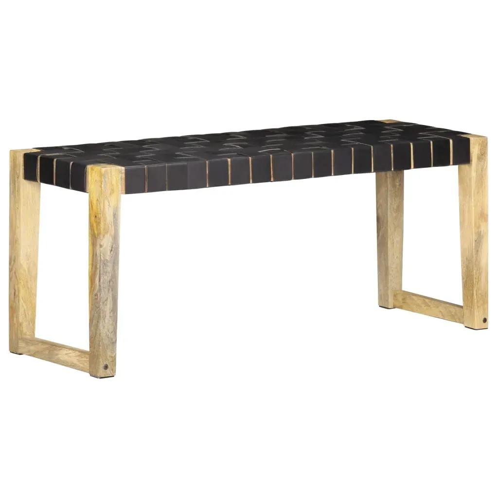 Bench 110 cm Black Real Leather and Solid Mango Wood Price