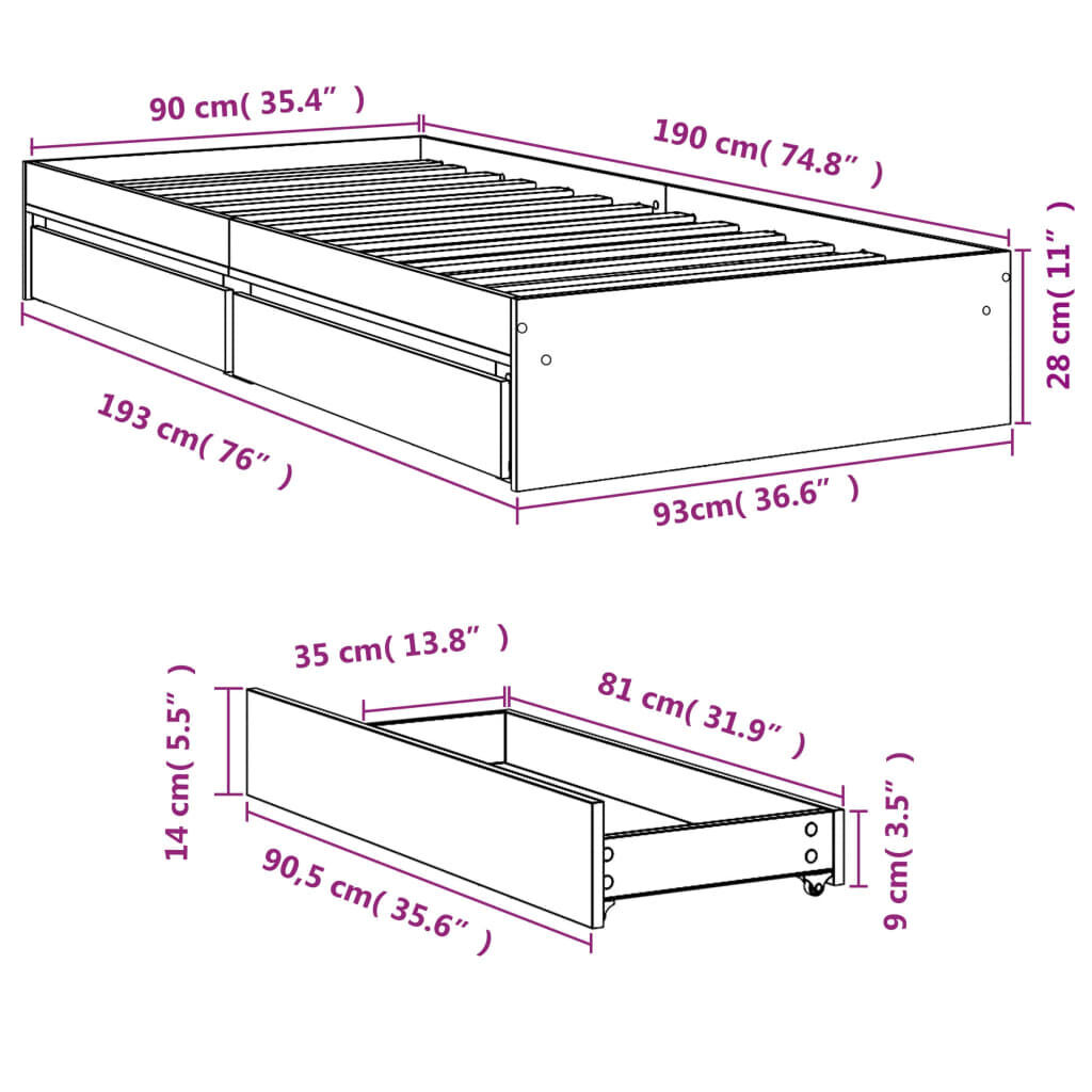 Bed Frame with Drawers without Mattress White 90x190 cm Price