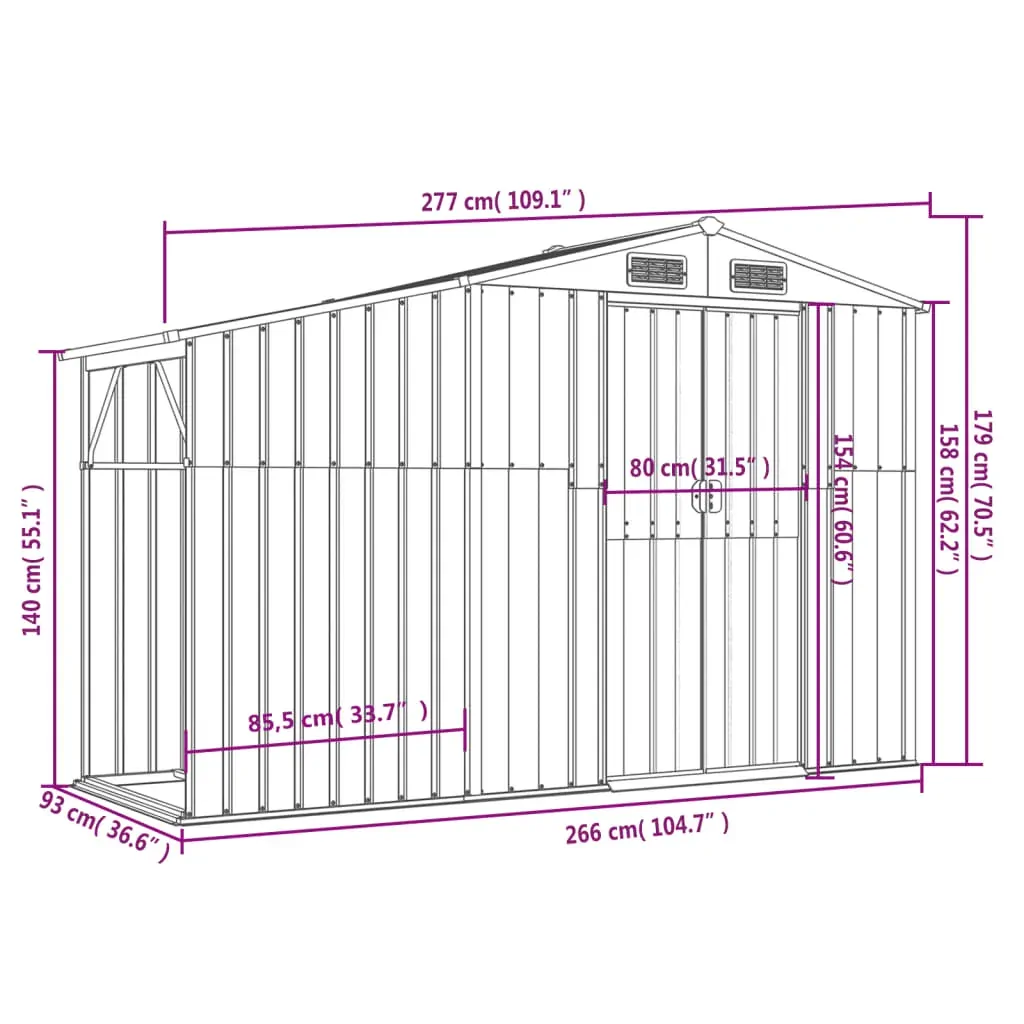 Garden Shed Grey 277x93x179 cm Galvanised Steel Price