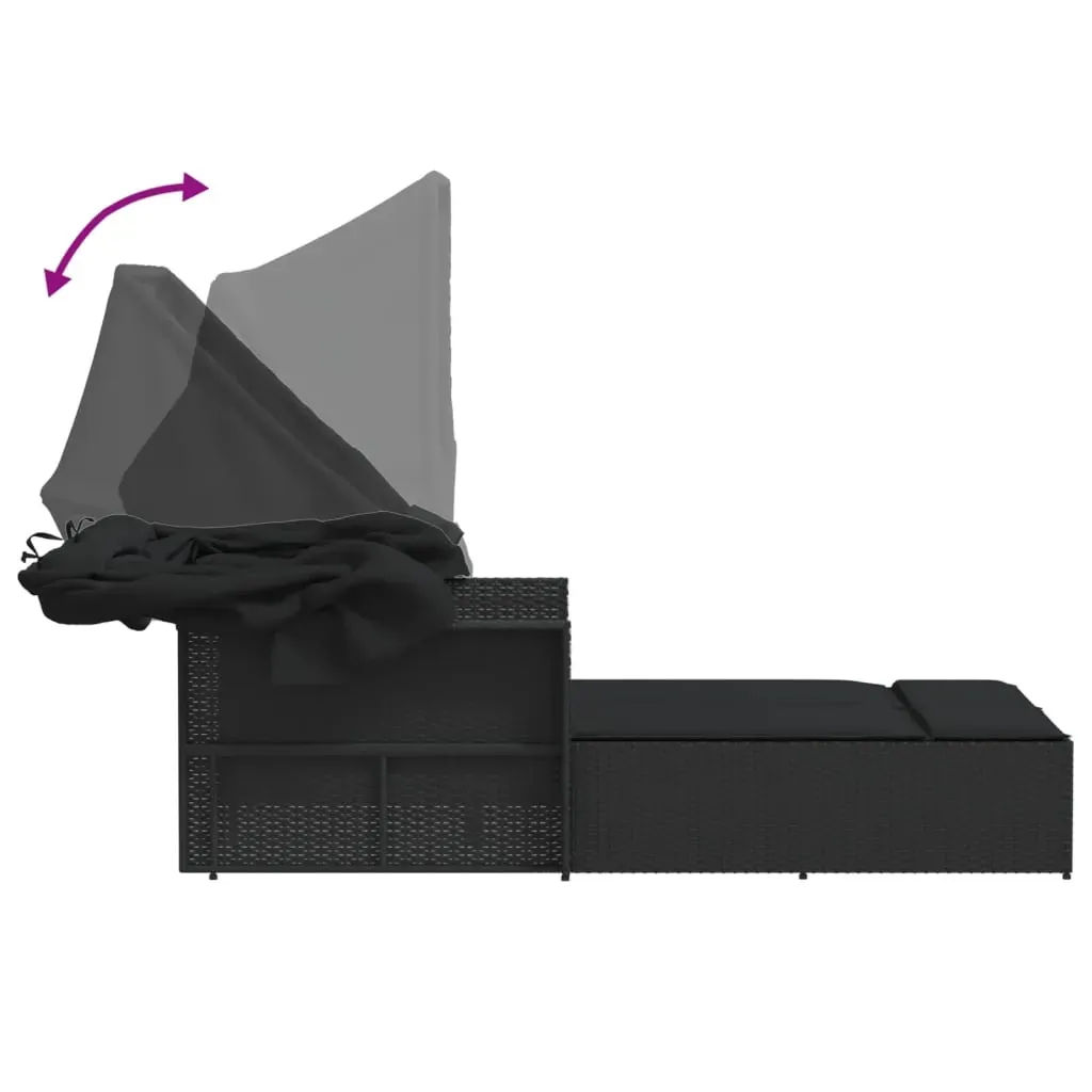 Double Sun Lounger with Canopy and Cushions Black Poly Rattan Price