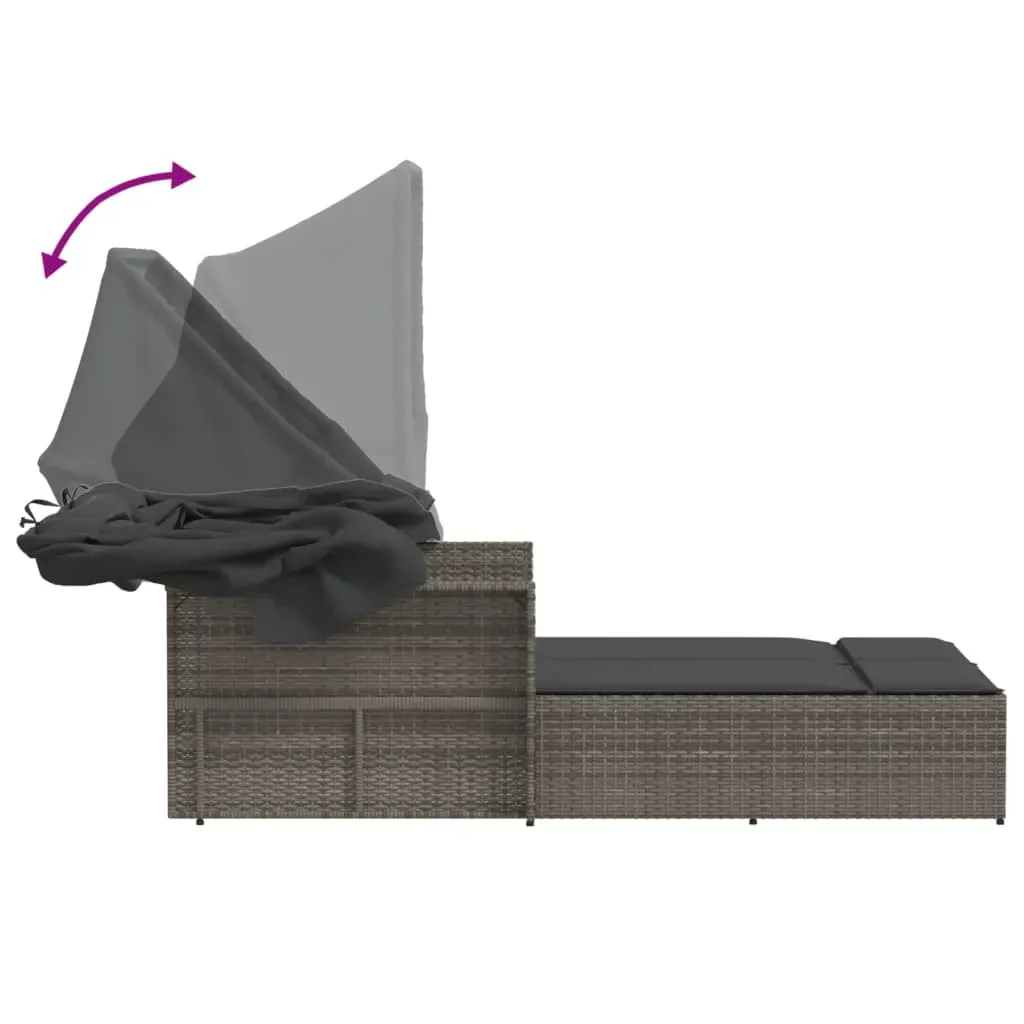 Double Sun Lounger with Canopy and Cushions Grey Poly Rattan Price
