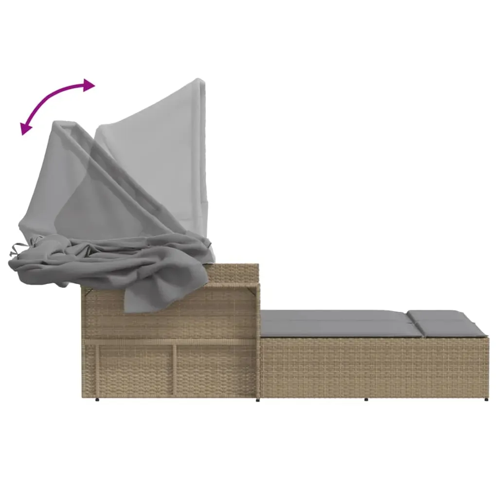 Double Sun Lounger with Canopy and Cushions Mix Beige Poly Rattan Price