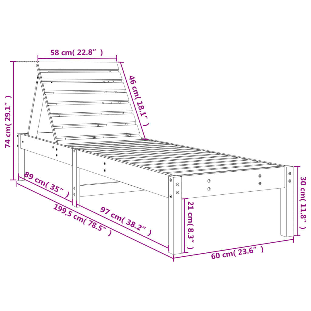 Sun Lounger Black 199.5x60x74 cm Solid Wood Pine Price