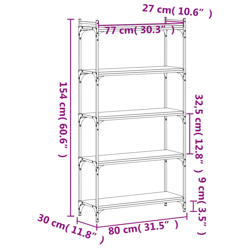 Bookcase 5-Tier Black 80x30x154 cm Engineered Wood Price