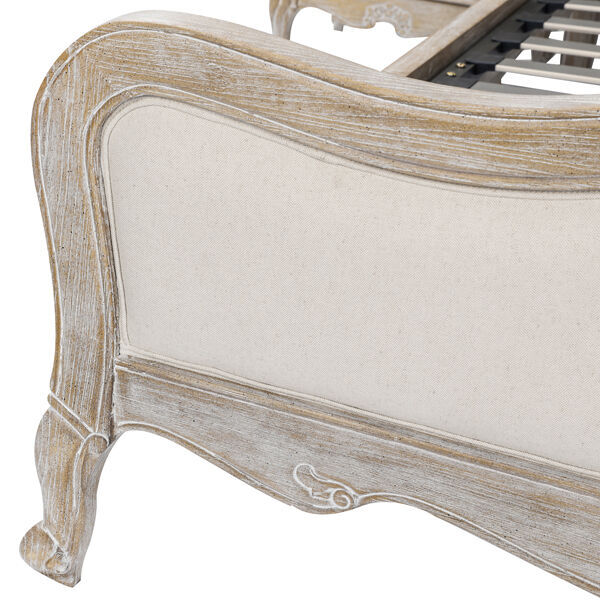 Queen Bed Frame Linen Fabric Beige Oak Wood White Washed Finish Mattress Support Price