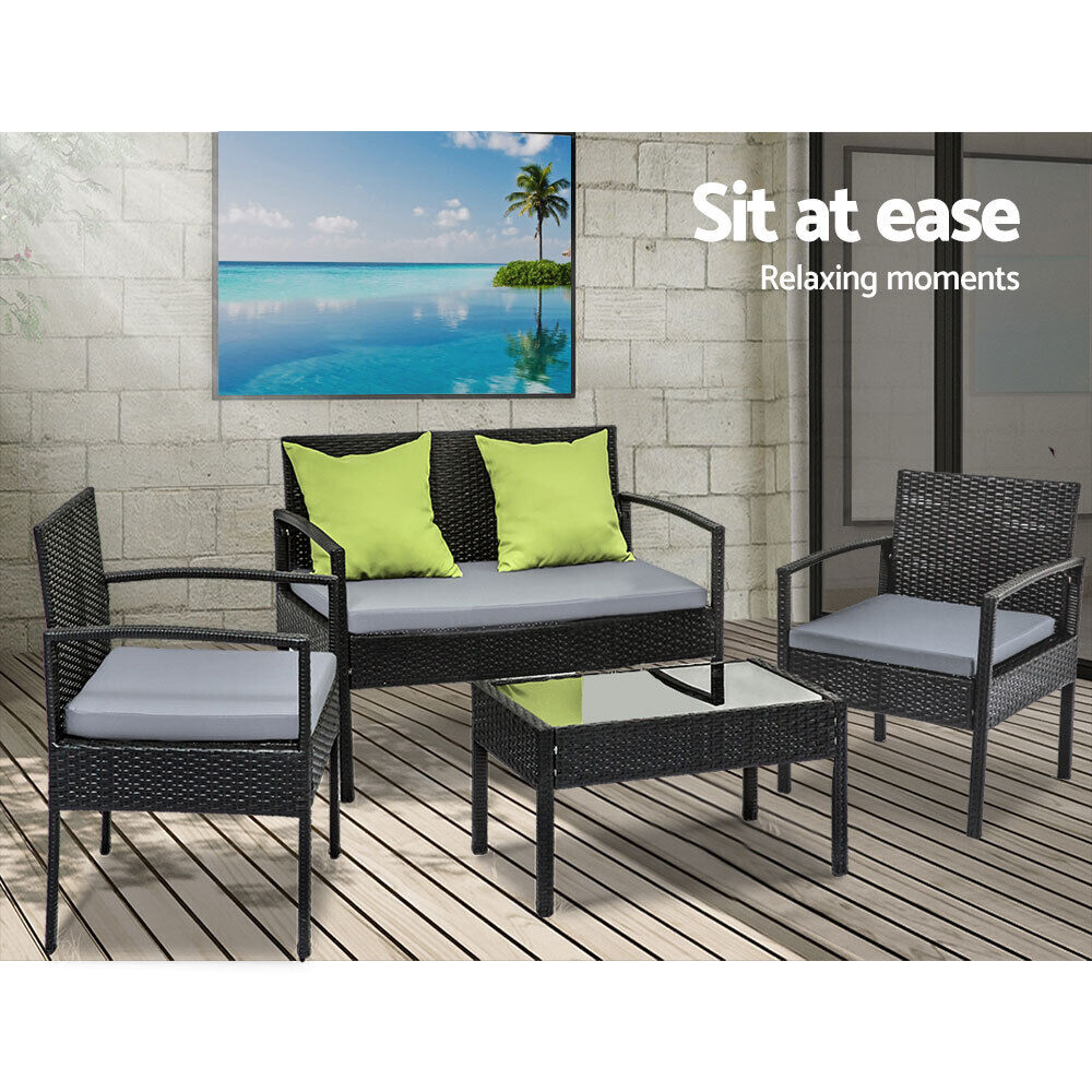 4 Seater Sofa Set Outdoor Furniture Lounge Setting Wicker Chairs Table Rattan Lounger Bistro Patio Garden Cushions Black Price