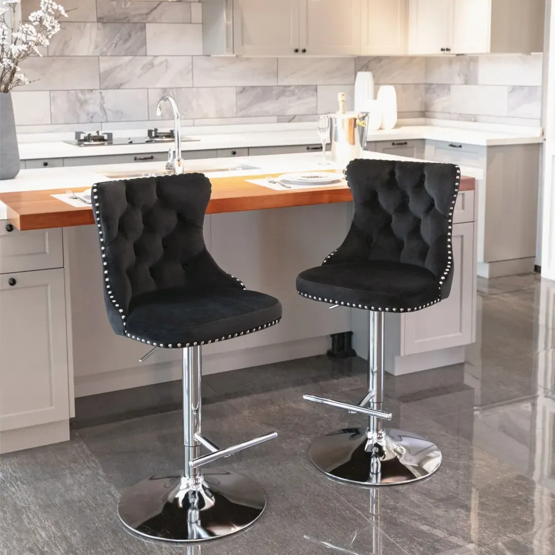 2x Height Adjustable Swivel Bar Stool Velvet Studs Barstool with Footrest and Chromed Base Price