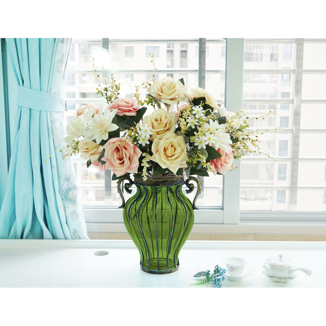 Colored European Glass Home Decor Flower Vase with Two Metal Handle Price