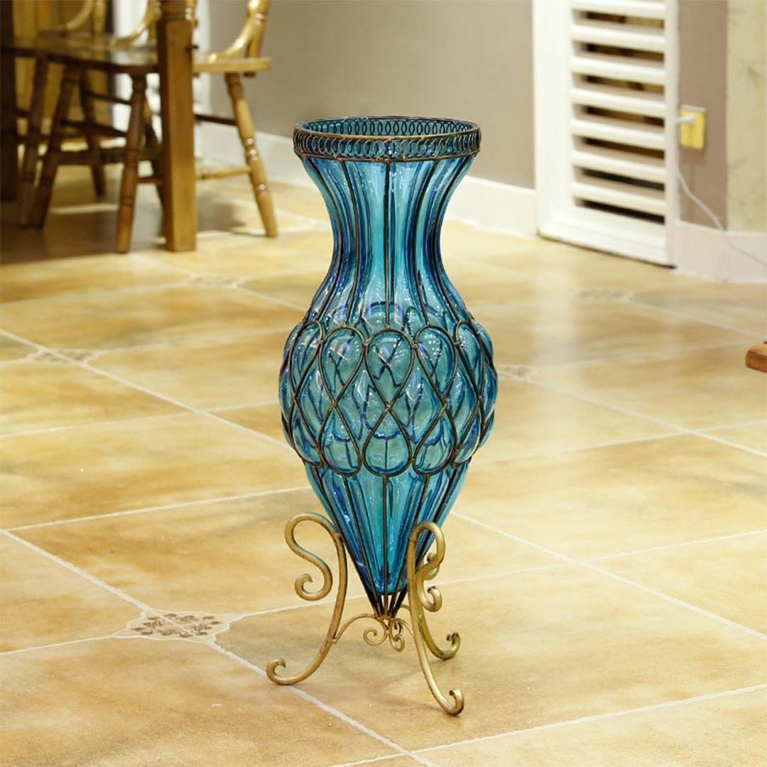 67cm Glass Tall Floor Vase and 12pcs White Artificial Fake Flower Set Price