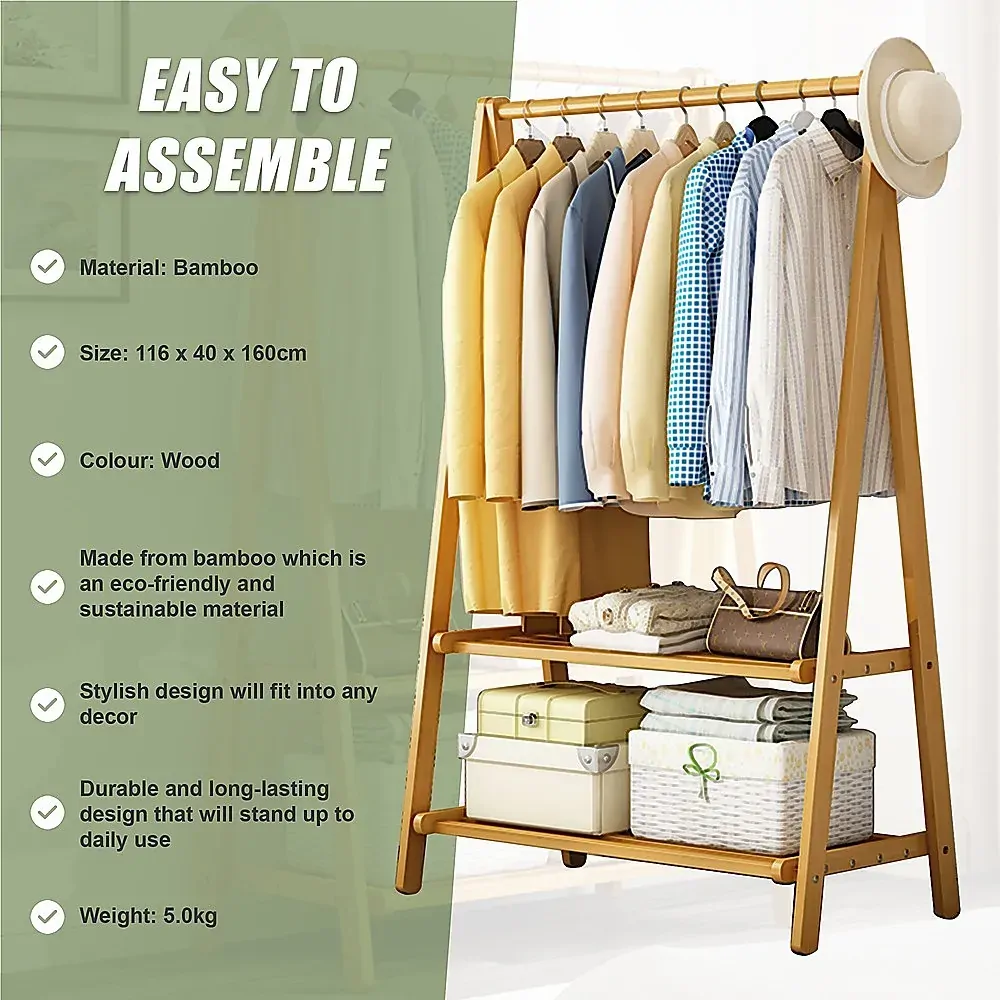Portable Clothes Rack Coat Garment Stand Bamboo Rail Hanger Airer Closet.. Price