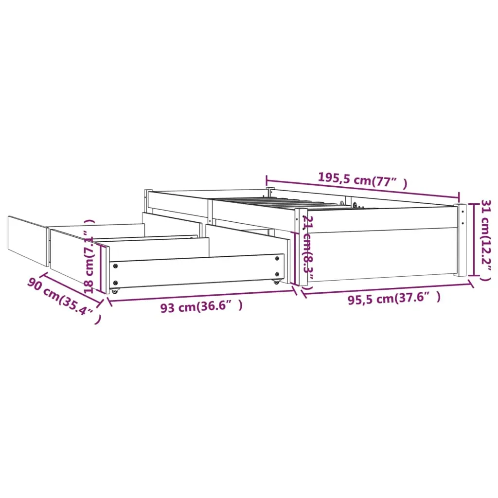 Bed Frame with Drawers 92x187 cm Single Bed Size Price