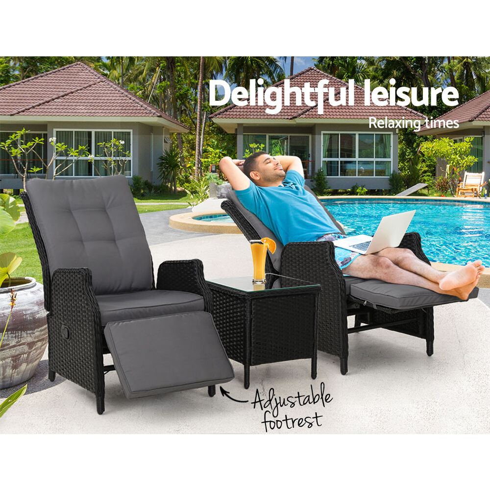 Gardeon 3PC Recliner Chairs Table Sun lounge Outdoor Furniture Wicker Adjustable Black Price