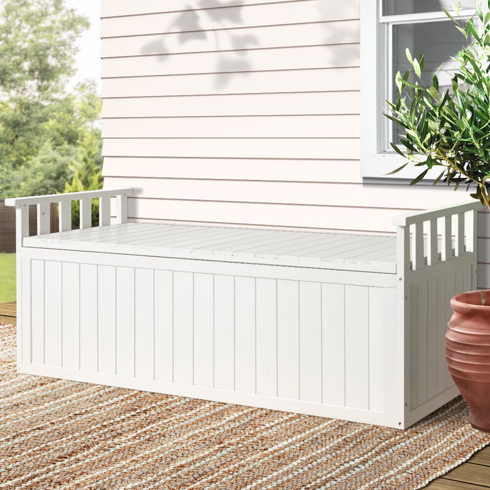 Gardeon Outdoor Storage Bench Box 129cm Wooden Garden Toy Chest Sheds Patio Furniture XL White Price
