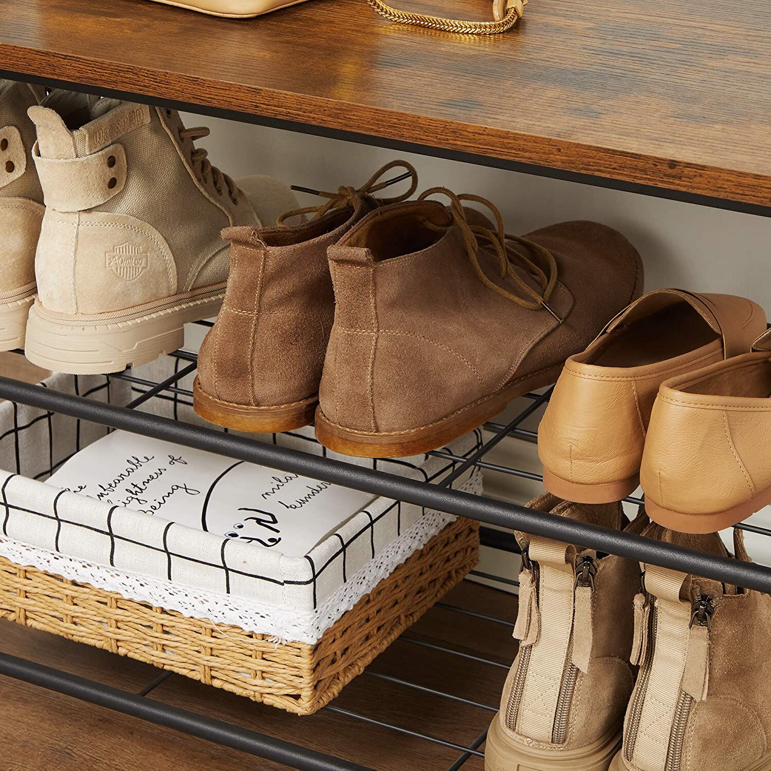 Rustic Brown Coat Rack Stand with Hallway Shoe Rack and Bench with Shelves Matte Metal Frame Height 175 cm Price
