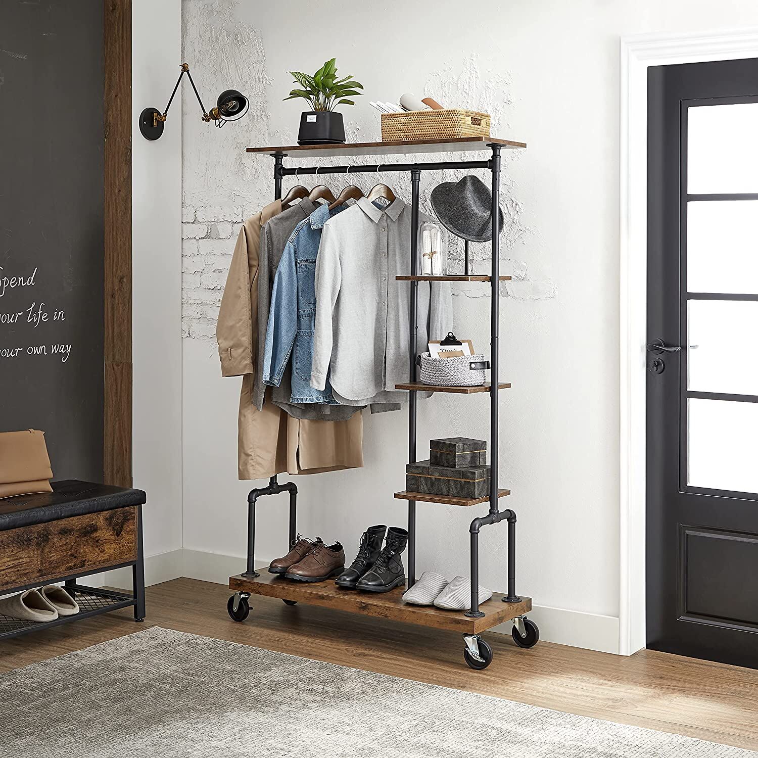 Clothing Garment Rack on Wheels with 5-Tier, Industrial Pipe Style, Rustic Brown Price