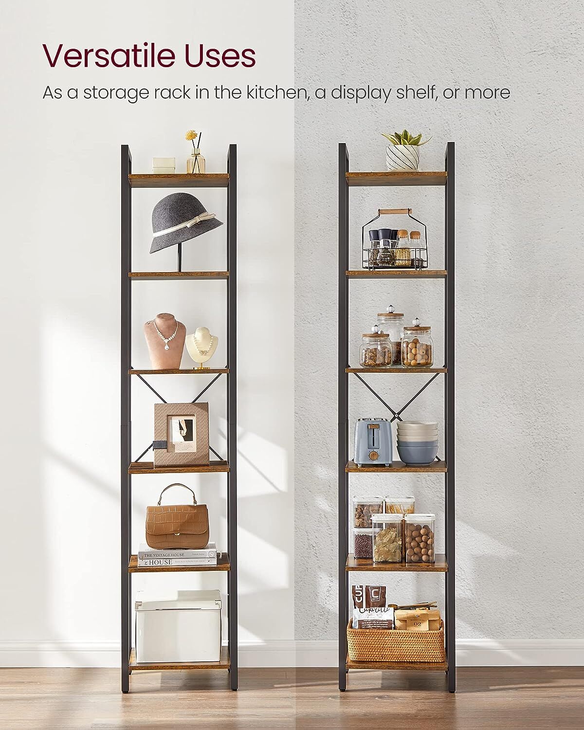 Small 6-Tier Industrial Bookshelf, Rustic Brown, Black Price