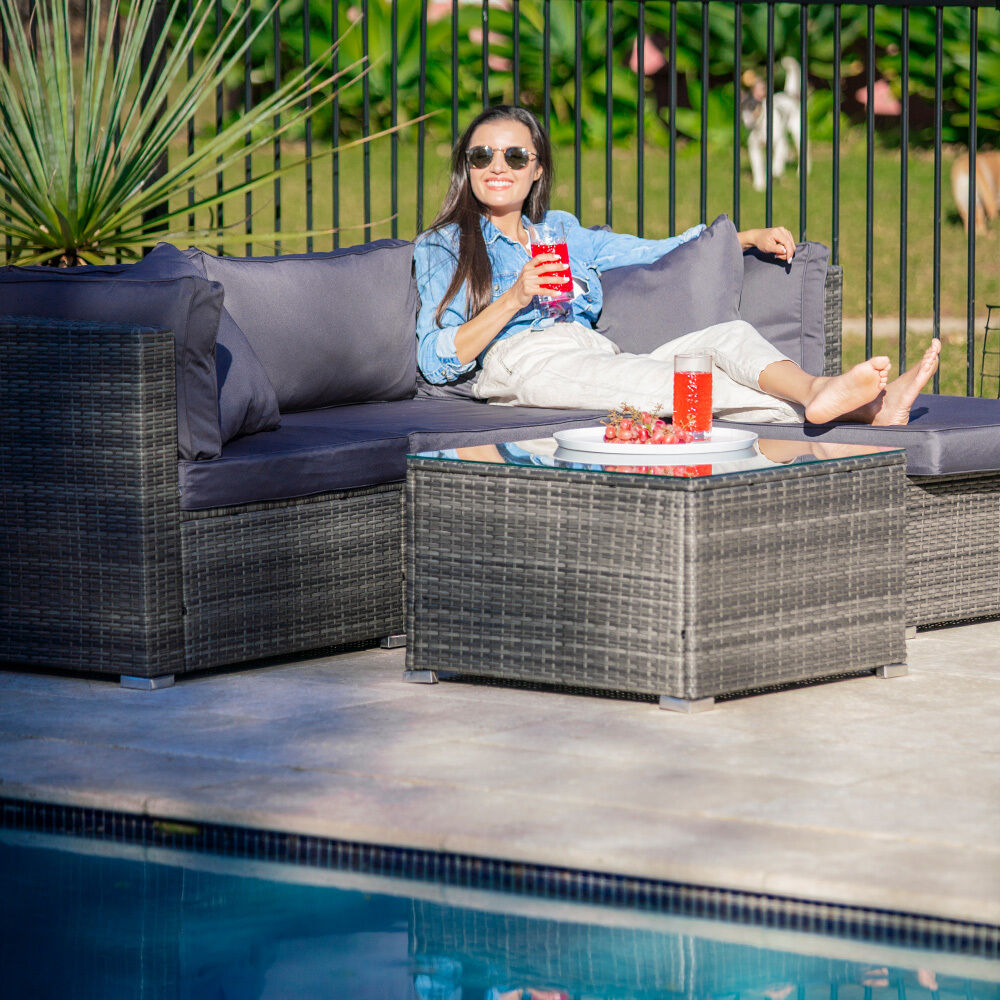 LONDON RATTAN 4 Seater Modular Outdoor Lounge Setting with Coffee Table, Ottoman, Grey Price