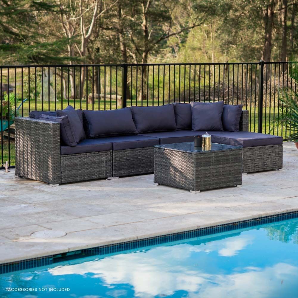 LONDON RATTAN 5 Seater Modular Outdoor Lounge Setting with Coffee Table, Ottoman, Grey Price