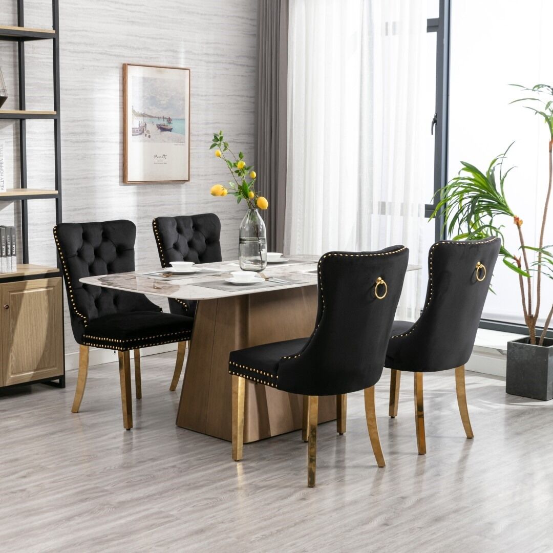 6x Velvet Dining Chairs with Golden Metal Legs-Black Price