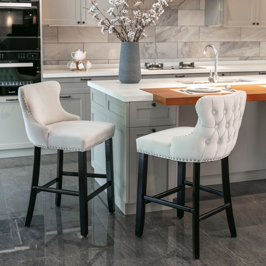 2x Velvet Upholstered Button Tufted Bar Stools with Wood Legs and Studs-Beige Price
