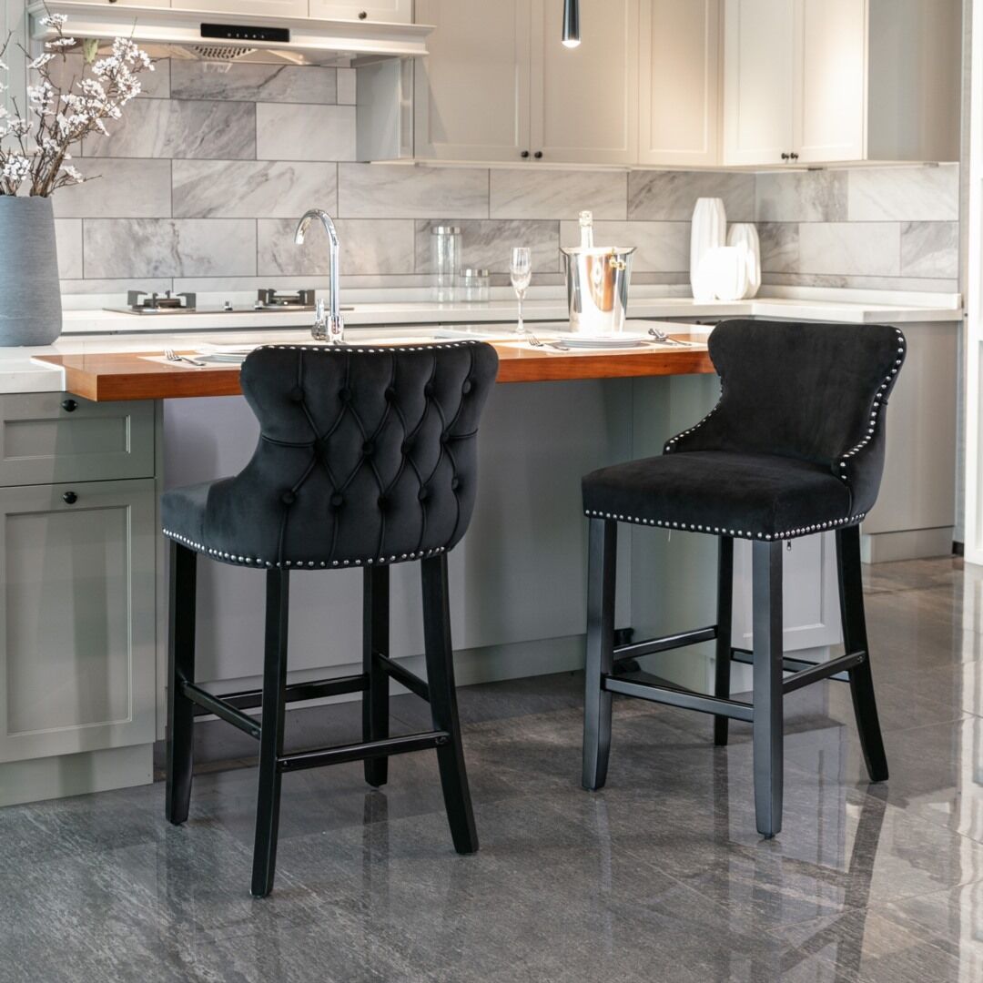 2x Velvet Upholstered Button Tufted Bar Stools with Wood Legs and Studs-Black Price