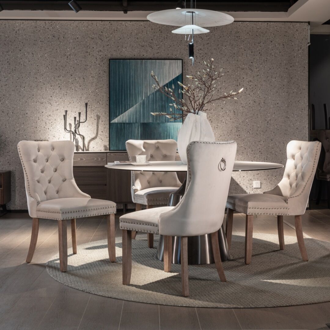4x Velvet Dining Chairs Upholstered Tufted Kithcen Chair with Solid Wood Legs Stud Trim and Ring-Beige Price