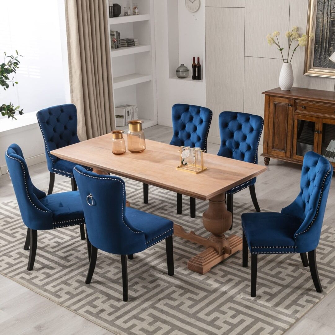 6x Velvet Dining Chairs Upholstered Tufted Kithcen Chair with Solid Wood Legs Stud Trim and Ring-Blue Price