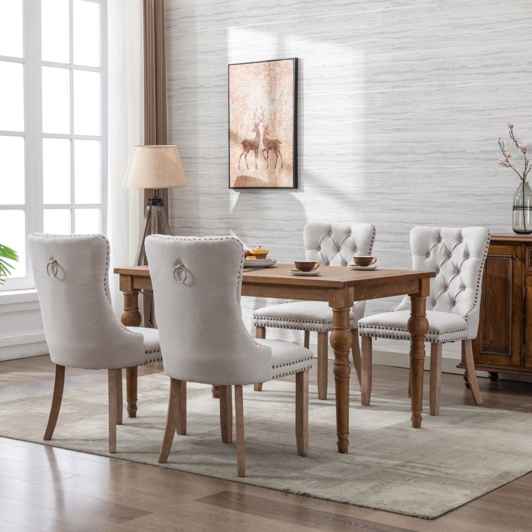 6x AADEN Modern Elegant Button-Tufted Upholstered Fabric with Studs Trim and Wooden legs Dining Side Chair-Beige Price
